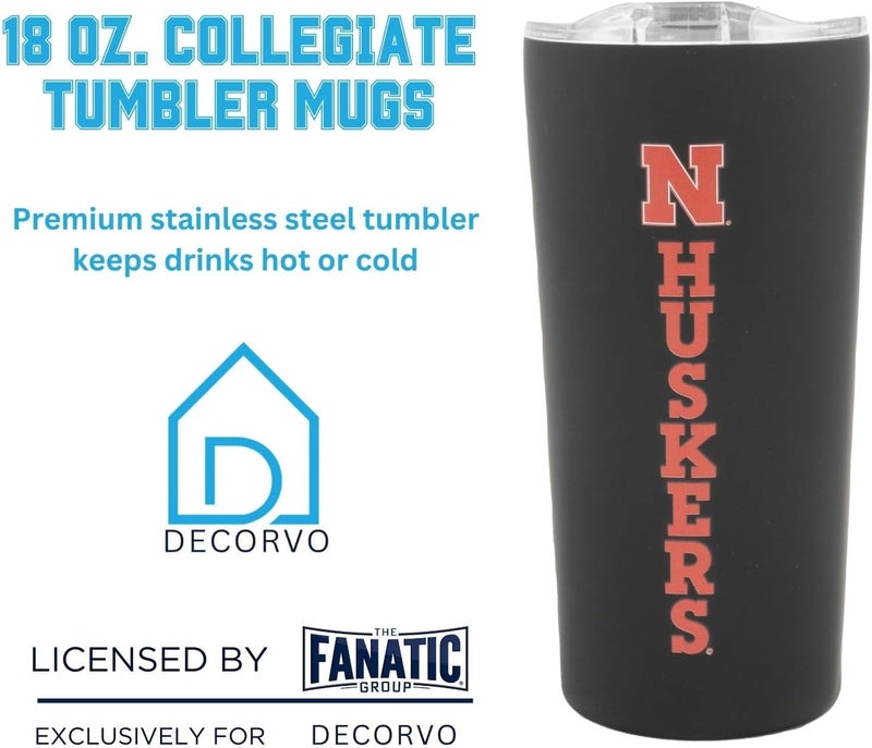Decorvo Officially Licensed Collegiate Stainless Steel Tumbler - Double Walled Insulated Travel Tumbler with Slide Lid - 18 oz (Nebraska Logo - Black) - Image 2